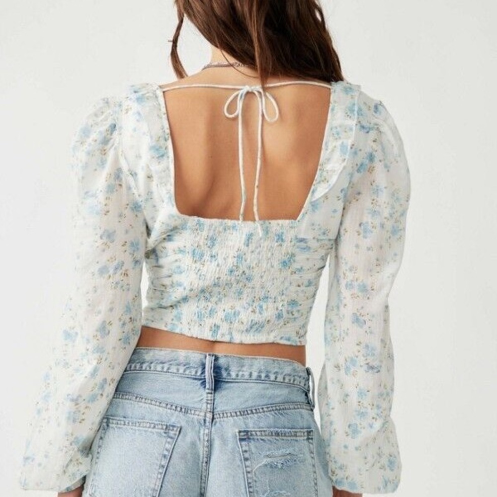 Free People Another Life Floral Peasant Top Cottagecore Blue S - Picture 9 of 9